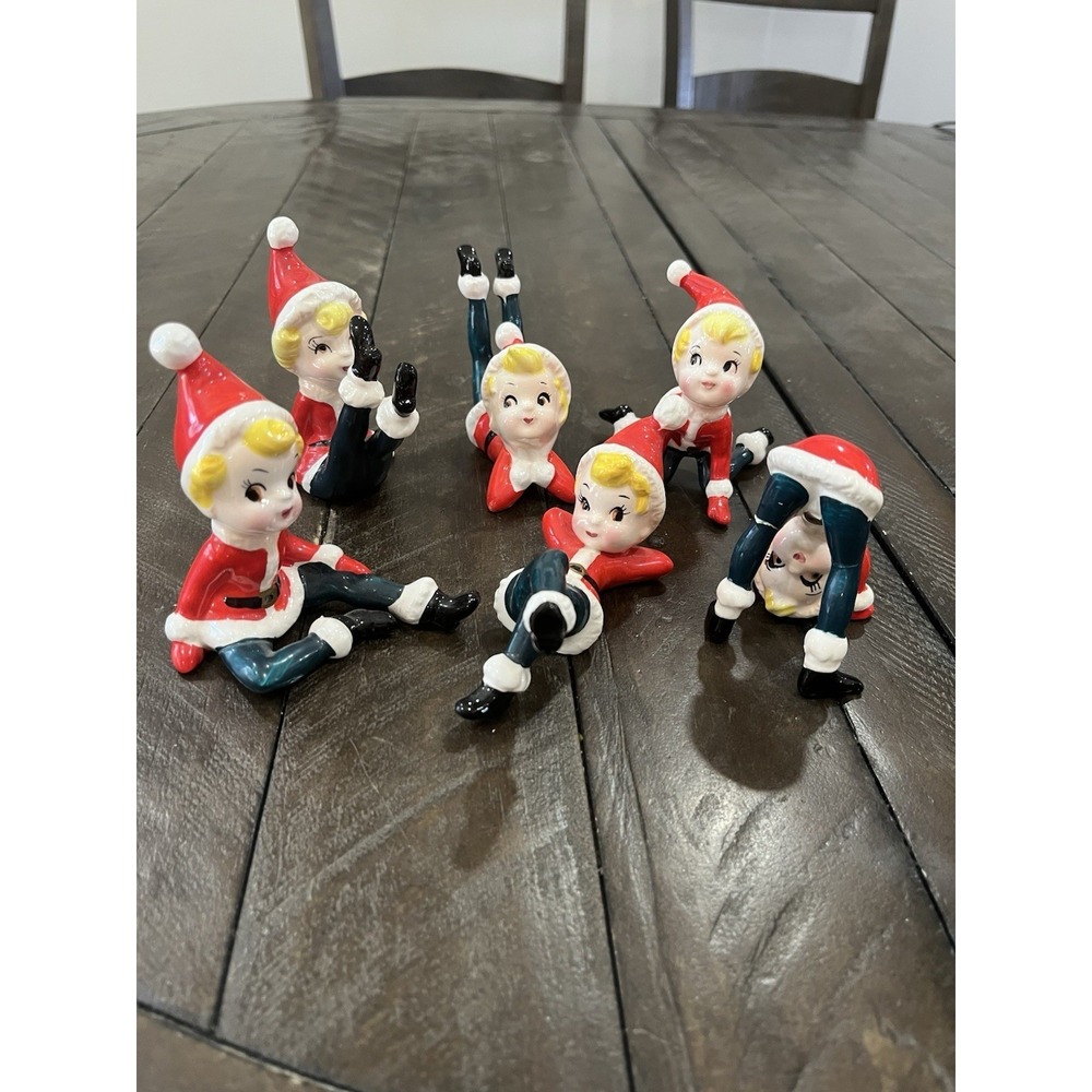 Complete Set of 6 Vintage Christmas Tumbling Elf Pixie Figurines Japan As‎ Is
